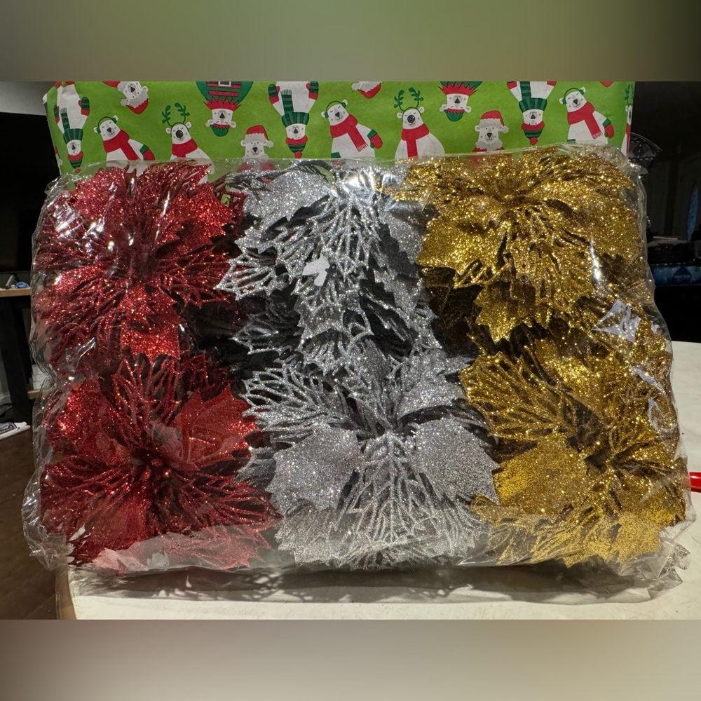 Package Of Glittery Poinsettia Tops-Big Pack-Never Opened-Perfect For Crafts!